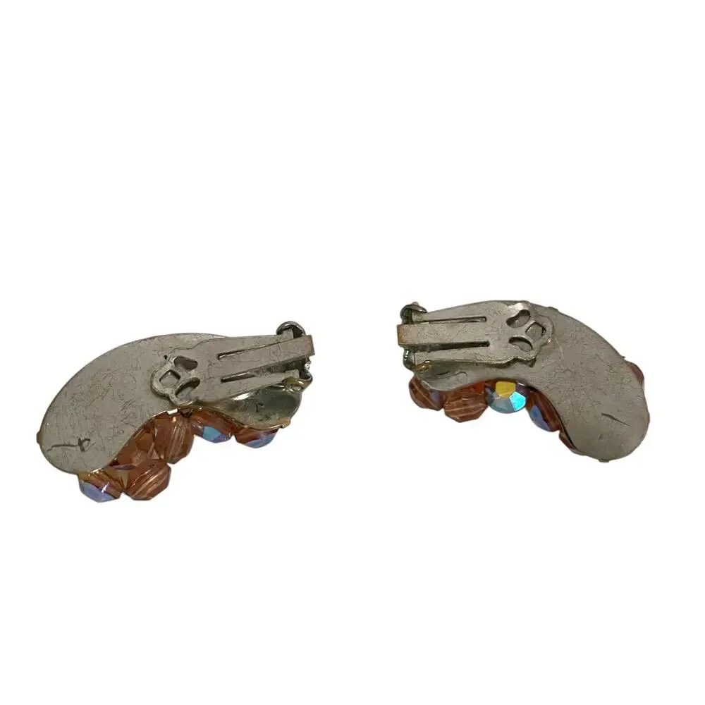 Smoky Topaz Rootbeer Rhinestone Bead Brass Cap Kidney Shape Clip On Earrings